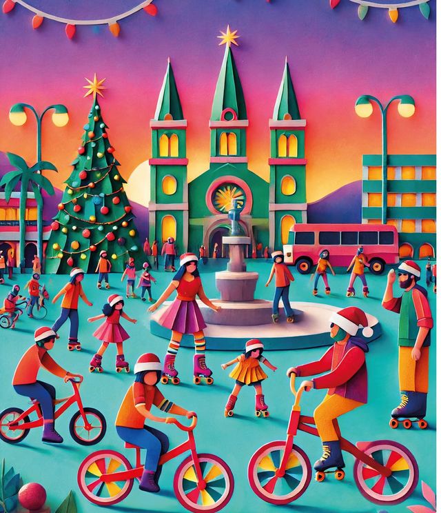 La patinata del libro: niños patinando y en bicicleta frente a una iglesia, con un arbolito y luces de Navidad